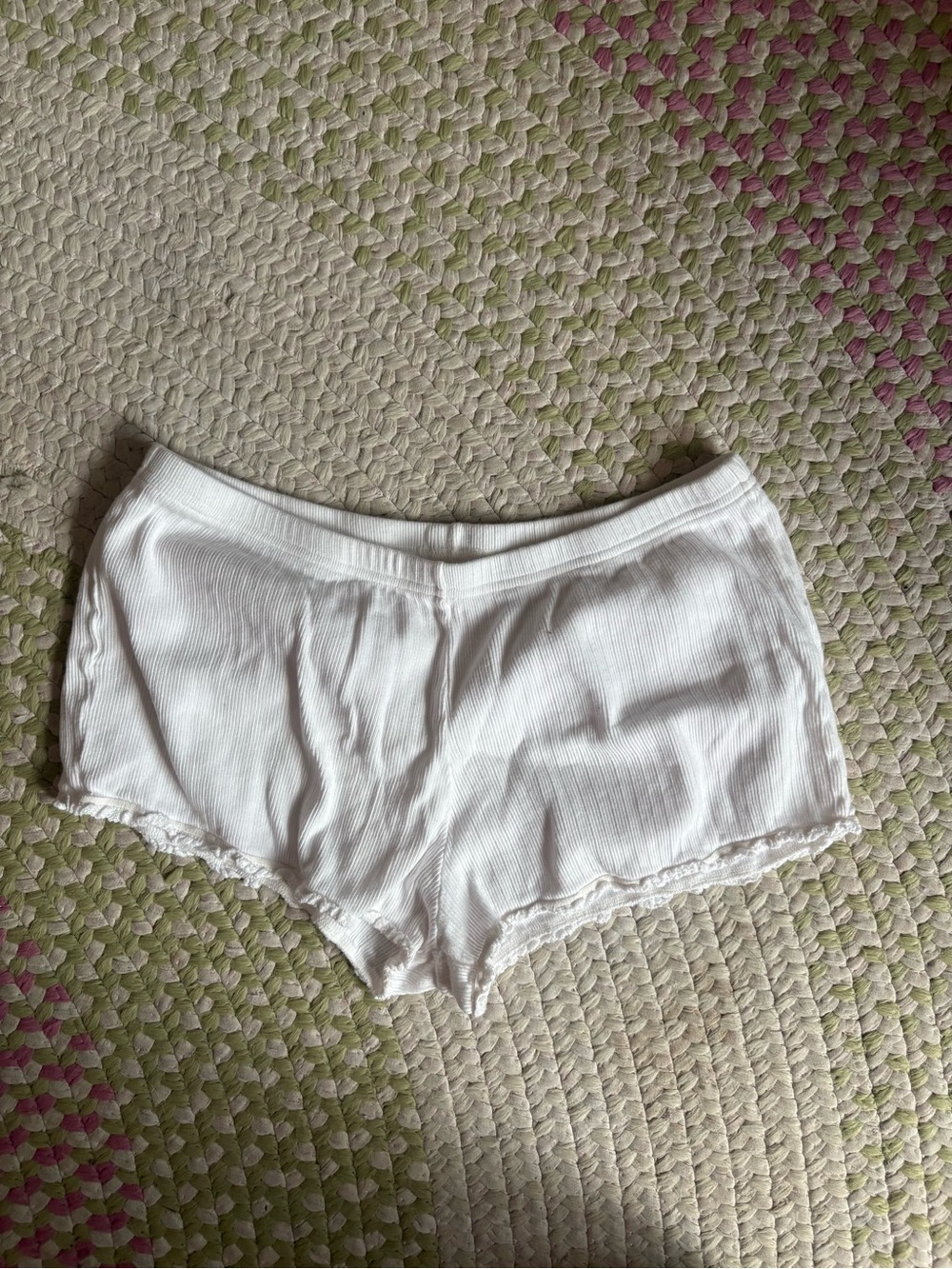 Brandy Melville White Ribbed Lace-Trim Sleep Shorts